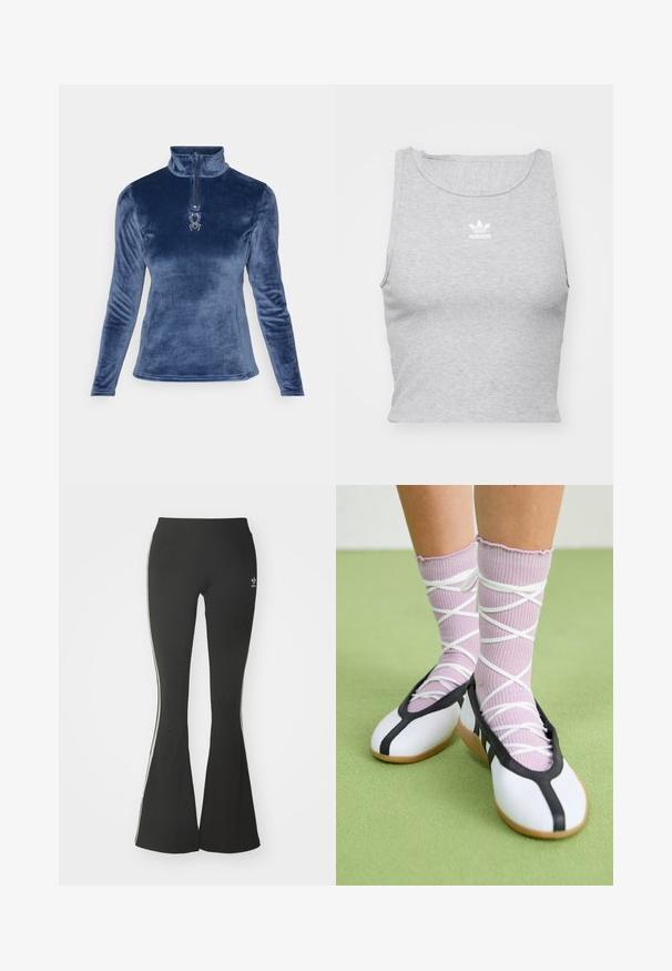 Spyder SHIMMER BUG 1/2 ZIP - Flīsa džemperis - true navy; Pelēks bezpiedurkņu topiņš, kas izgatavots no mīkstas auduma, ar apaļu kakla izgriezumu un mazu baltu Adidas logo uz krūšu daļas.; Melnas platas bikses no stiepjo auduma ar augstu jostasvietu un baltām sānu svītrām. Iekļauta neliela logo uz jostasvietas.; Baltas plakans kurpes ar melniem akcentiem un zoli, saskaņoti ar gaiši violetām ribotām zeķēm ar baltām krustveida siksnām. Iestatīts zaļā fona.