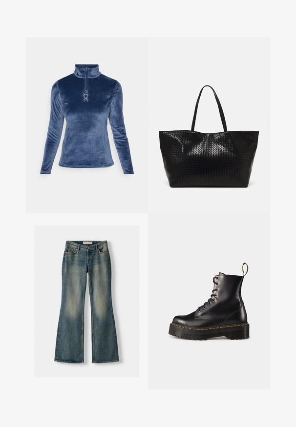 Spyder SHIMMER BUG 1/2 ZIP - Pulover iz flisa - true navy; Modre razširjene kavbojke z zbledelim pranjem, petimi žepi in gumbom za zapiranje. Material ima teksturo džinsa z diskretnimi šivi.; Črne usnjen lace-up gležnjarje z debelim črnim podplatom in rumenim šivanjem. Imajo zanko na hrbtni strani in okrogle kovinske učke.; Črna tkanina torba s trdnimi ročaji, ki ima sijočo teksturo in prostoren odprt zgornji dizajn.