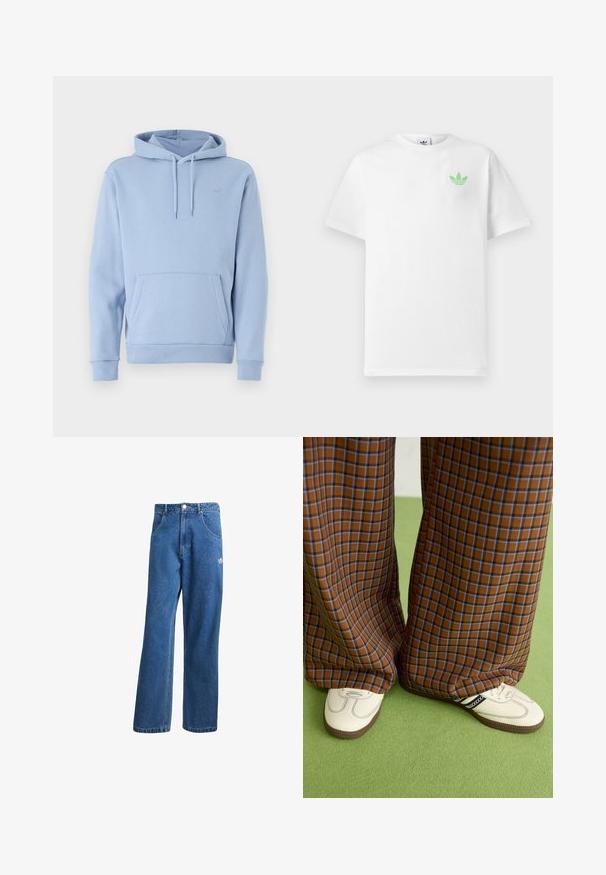 Lichtblauwe hoodie van zacht materiaal, met een kangoeroezak, verstelbare trekkoordkap en ribgebreide manchetten. Klein logo op de borst.; Witte katoenen t-shirt met korte mouwen, met een klein groen Adidas-logo op de linkerkant van de borst. Eenvoudig, klassiek ontwerp met een ronde hals.; Blauwe hoge taille wijde spijkerbroek met voorzakken, riemlussen, knoopsluiting en klein Adidas-logo op de rechterdij.; Bruine en blauwe geruite wijde broek, gecombineerd met witte schoenen met zwarte accenten en een gestructureerde zool, gezet tegen een groene achtergrond.