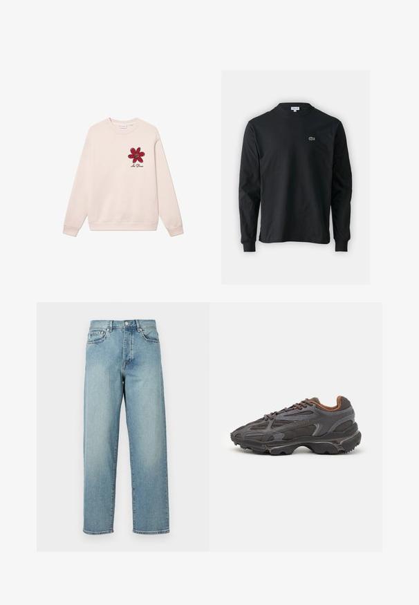 Sweatshirt bej din bumbac, cu un graphic roșu al unei flori cu contururi negre pe partea stângă a pieptului și mâneci și tiv cu nervuri.; Tricou negru cu mânecă lungă, realizat din bumbac, cu un guler rotund și un mic logo brodat cu un crocodil verde pe partea stângă a pieptului.; Blugi din denim de un albastru deschis, cu o croială lejeră, picioare drepti, design cu cinci buzunare și închidere cu nasture la talie. Detaliu de cusătură minimalist.; Adidași Lacoste de culoare gri închis, din material mesh și sintetic, cu o talpă texturată și accente maronii pe guler și branding.