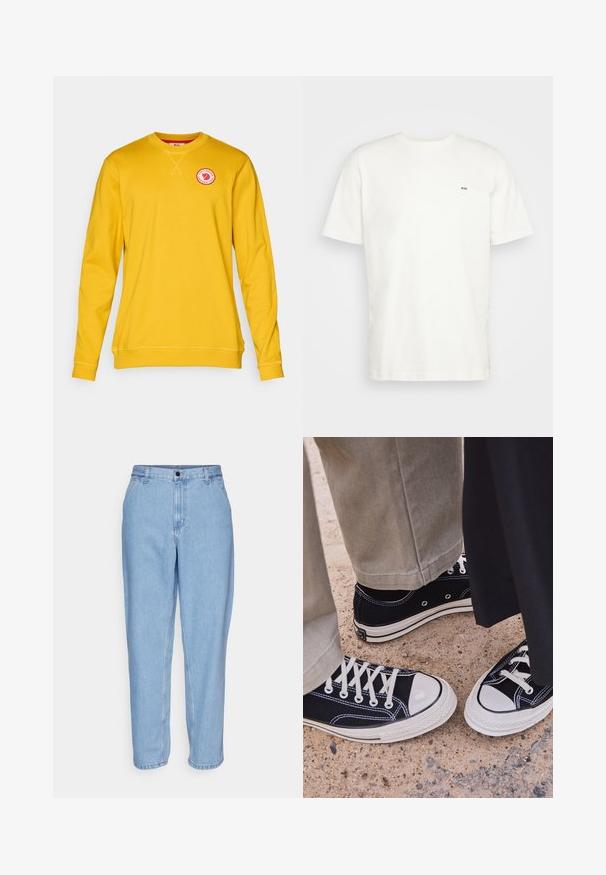 Puha anyagból készült sárga pulóver, kerek nyakkivágással, hosszú ujjakkal és kör alakú logóval a mellkasán.; Fehér pamut póló kerek nyakkivágással, rövid ujjakkal és egy kis fekete "W.W." logóval a bal mellen. Simaságot biztosító textúra, normál szabás.; Világoskék farmernadrág, laza szabású, magas derékkal és egyenes lábakkal. Elöl zsebekkel és fém gombos záródással rendelkezik.; Fekete vászon sportcipők fehér gumi orral és fűzőkkel. A kontrasztos varrás és fém fűzőlyukak részletet adnak. Bézs nadrággal és fekete anyaggal hordva.