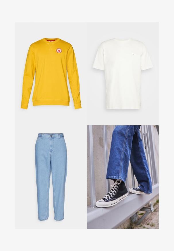 Dzeltenā džemperis no mīkstas auduma, ar apaļu kakla izgriezumu, garām piedurknēm un aplīša logotipa uzšuvumu uz krūtīm.; Balta kokvilnas t-krekls ar apaļu izgriezumu, īsām piedurknēm un mazu melnu "W.W." logotipu kreisajā krūtī. Gluda tekstūra, regulāra piegrieznes.; Gaiši zila džinsu auduma bikses ar brīvu piegriezumu, augstu jostasvietu un taisnām kājām. Iekļauj priekšējās kabatas un metāla pogu aizdari.; Melnas augstas kedas ar baltu zoli un auklām, apvienotas ar brīvām zilām džinsām, atpūšoties uz pelēka margotā balsta.