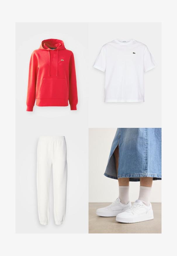 Felpa con cappuccio rossa realizzata in misto cotone. Presenta una tasca a marsupio, polsini a coste e un piccolo logo verde sul lato sinistro del petto.; T-shirt bianco in cotone con scollo rotondo e maniche corte. Caratterizzato da un logo ricamato verde sul petto. Tessuto morbido, vestibilità comoda.; Pantaloni della tuta bianchi realizzati in morbido tessuto lavorato a maglia. La vita e i polsini elasticizzati offrono una vestibilità rilassata. Design minimalista, senza motivi o accenti visibili.; Sneakers bianchi in pelle texture, con suola platform, punta rotonda e sistema di lacci; abbinati a calze corte grigie e una gonna di jeans.