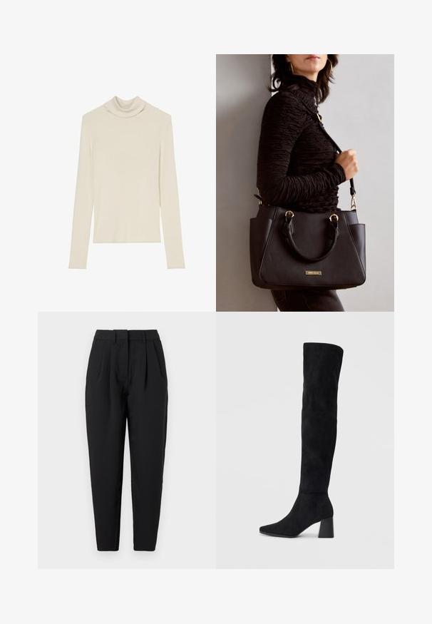 Heledad beež turtleneck sviiter, mis on valmistatud ribakudumisest, omab pikki varrukaid ja kitsast siluetti. Sile tekstuur, ilma nähtavate mustriteta.; Mustad püksid sirge lõikega, millel on voldid ees, sile tekstuur ja küljehoiukotid. Vöökoht on standardkõrgus.; Must must ümberpööratud musta nahast põlve kõrgune saapad blokknõelaga, terava varbaga ja sujuva, õmblusteta disainiga, asetatud heledale taustale.; Musthave must kott, millel on tekstuurne pind, kaks ülemist käepidet ja reguleeritav õlarihm. Omab kuldse tooni riistu ja külgtaskuid.