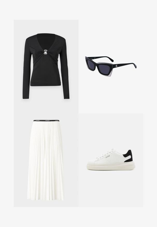 Juodas ilgomis rankovėmis viršus su V-kaklu, su surišaštu centru ir dekoratyviu sidabro žiedu. Lygi, prisitaikanti medžiaga, minimalus dizainas.; Pleated balta sijonas su juodu elastiniu juosmeniu, ant kurio yra "LACOSTE" logotipas. Vidutinio ilgio dizainas su švelnia tekstūra.; Baltos odinės sportbačiai su storu baltu padu, juodu nubuko kulno akcentu ir iškilmingu logotipu šone. Su raišteliais, turinčiais šešis akinius.; Juodos didelės saulės akinių su geometrine forma, turinčiais tamsius objektyvus ir kontrastingą pilką detalę ant rėmelio. Logotipas ant šalon.