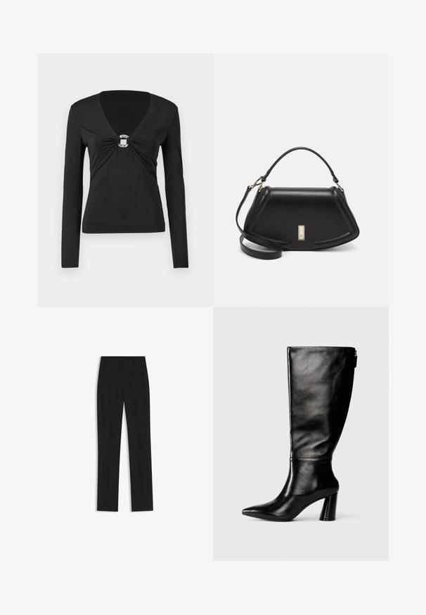 Black long-sleeve top with a V-neck, featuring a knotted center with a decorative silver ring detail. Smooth, fitted fabric, minimal design.; Black tailored trousers with a straight-leg design, featuring front pockets and a smooth, textured fabric. Neat, minimal detailing.; Knee-high black leather boot with a pointed toe, smooth texture, and a chunky heel. Features a zipper detail at the back.; Black leather handbag with a structured design, featuring a cropped shape, top handle, and gold hardware accent. Adjustable shoulder strap included.