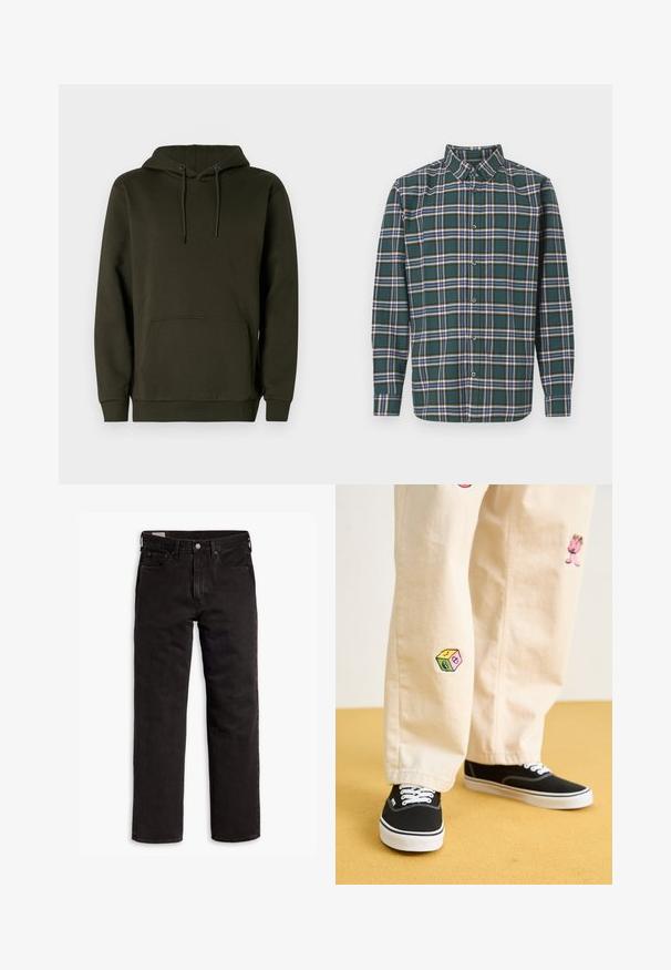 Tumed roheline kapuutsiga sviiter, mis on valmistatud pehmest kangast, sisaldab känguru-taskut, ribakujulisi varrukaotsa ja juhitavat kapuutsi reguleeritavat nööri.; Roheline flanellsärk, millel on ruuduline muster, sisaldades siniseid, valgeid ja sinepikollaseid jooni. Nööbitav esiosa ja terav krae. Pikad varrukad.; Mustad sirgedega teksapüksid viie taskuga, nööpidega kinnitamine ja vöökohaga, lamab tasasele valgele taustale.; Bežistestased püksid, millel on mängulised tikandid, sealhulgas roosa tegelane ja värvikad plokid, koos mustade nöörkingadega.