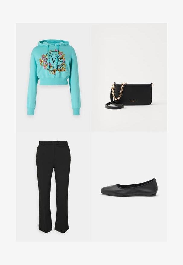 Versace Jeans Couture Felpa - blu eleos; Pantaloni neri su misura con design a gamba dritta, dotati di passanti per cintura e tasche laterali. Realizzati in tessuto liscio con una finitura pulita.; Pantofole da balletto nere in pelle con punta arrotondata, texture liscia, dettagli di cucitura minimi e design con suola flessibile.; Clutch in pelle nera con un'accademia in oro, texture liscia e dettagli del logo in oro. Include una tracolla regolabile per versatilità.
