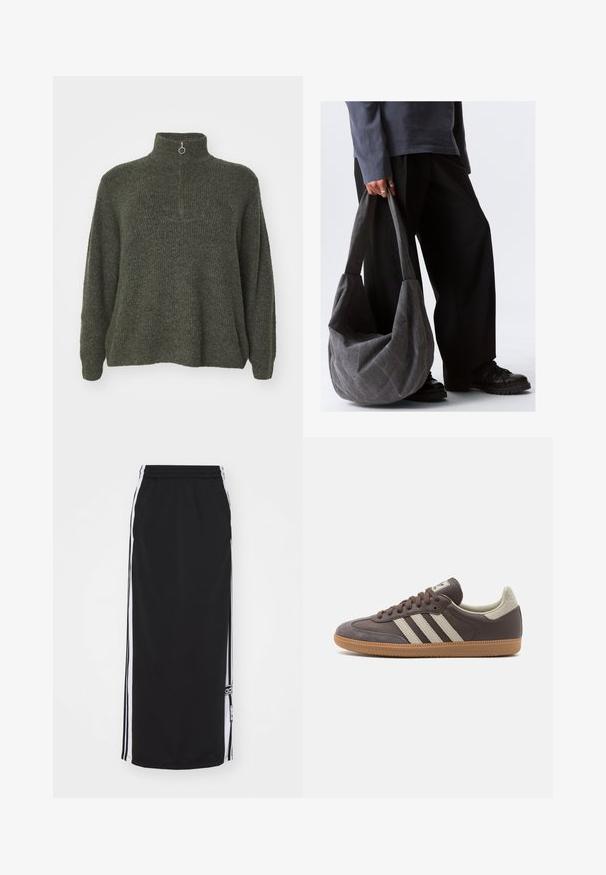 Vero Moda Curve VMCPLAZA ZIPPER - Pulover - kalamata melange; Fustă sport neagră cu dungi albe pe laterale, talie elastică și detalii cu logo. Fabricată din material respirabil, design până la genunchi.; Tenisi din piele maro cu trei dungi de culoare deschisă, talpă din cauciuc de tip gumă, vârf rotunjit și accente din suede texturat la călcâi și vârf.; Geantă de umăr din țesătură gri, cu o formă relaxată, având o textură netedă și curele late. Geanta este ținută de o persoană îmbrăcată în pantaloni negri.