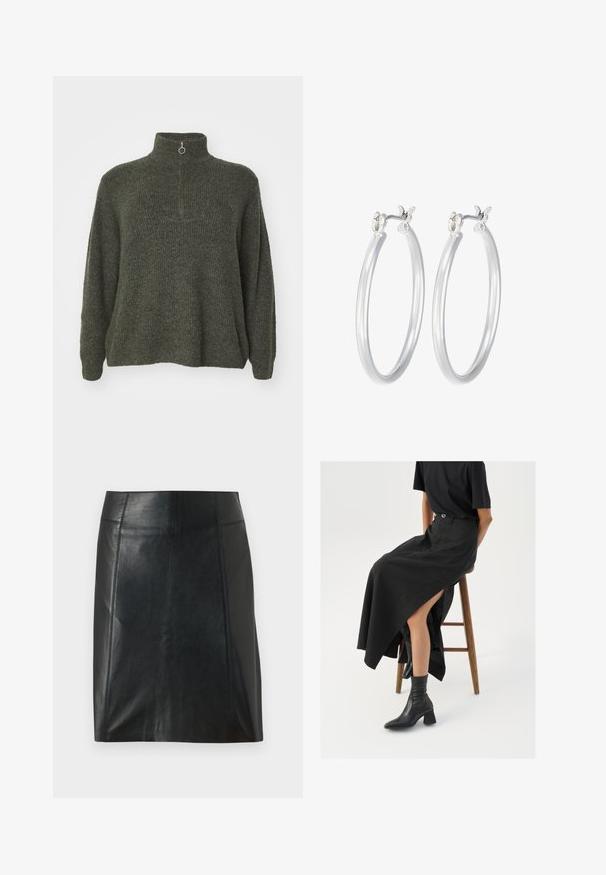 Vero Moda Curve VMCPLAZA ZIPPER - Pulover - kalamata melange; Črna usnjena krilo s prilegajočo zasnovo. Gladka tekstura, šivi, ki obdajajo obliko, in ravna obroba. Minimalističen in eleganten videz.; Črna lanena maxi krilo z visokim razporkom, oblečeno s črno majico in črnimi gležnjarji. Minimalističen dizajn z udobnim krojem.; Srebrni obroči za ušesa z gladko, polirano površino. Okrogla oblika in varna zaponka s klikom. Lahka zasnova, primerna za vsakodnevno nošenje.