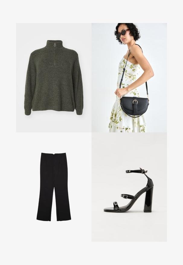 Vero Moda Curve VMCPLAZA ZIPPER - Jumper - kalamata melange; Black trousers with a straight fit, featuring front pockets and side slits at the hem. Made of soft, smooth fabric. Suitable for various occasions.; Black patent heeled sandals with a square toe, ankle straps, and silver buckles. Features a chunky block heel for stability.; Black leather handbag with a curved shape, detachable strap, and gold hardware. The bag features a flap with a buckle detail.