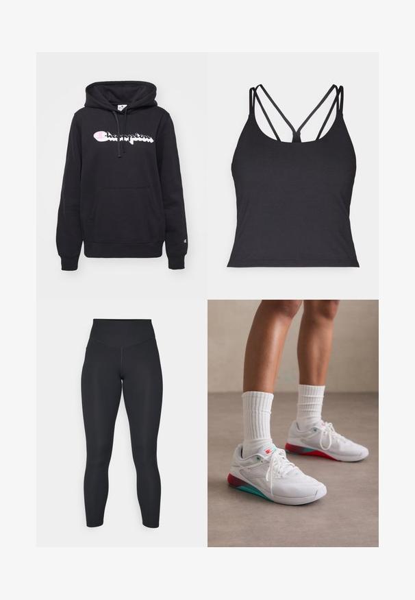Black hoodie made of cotton blend, featuring a kangaroo pocket, drawstring hood, and a white and pink Champion logo across the chest.; Black tank top featuring thin straps with a crisscross design at the back. Made from soft, stretchy material with a fitted silhouette.; Black leggings with a high waist, smooth texture, and fitted design. Features flat seams and full-length coverage with no patterns.; White athletic shoes with a textured upper, turquoise accents, and a red heel. Worn with ribbed white socks. Features laces and branding.