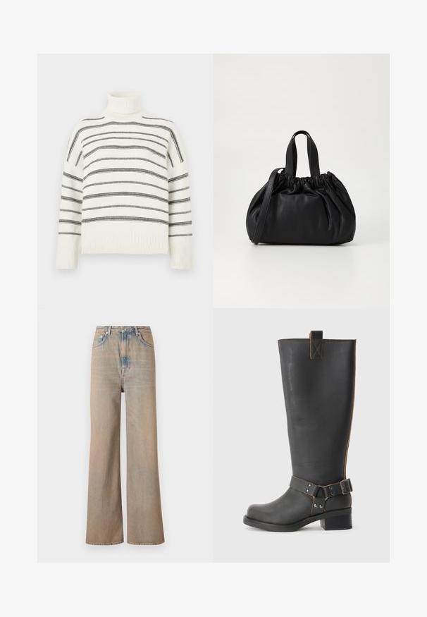 Pull à col roulé blanc avec des rayures noires horizontales. Présente un col et des poignets côtelés. Texture douce, coupe décontractée et design tricoté.; Jean large en délavé clair à taille haute, en denim. Comprend des coutures discrètes et cinq poches, avec une texture légèrement décolorée.; Bottes noires en cuir, montantes jusqu'au genou, avec une finition texturée, présentant une boucle sur le côté et un talon bas. Couture détaillée le long des coutures.; Sac à main en cuir noir avec un design à haut froncé, doté de deux poignées courtes et d'une bandoulière longue et réglable. Texture lisse, forme arrondie.