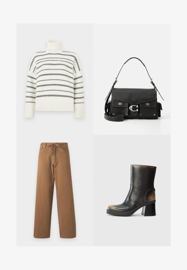Balta aukšta kaklo megztiniai su juodomis horizontaliomis juostelėmis. Yra pūkuotas kaklas ir rankogaliai. Minkšta tekstūra, laisvas siluetas ir megztas dizainas.; Rudos plačios kojos kelnės, pagamintos iš medvilnės, su raišteliu liemenyje ir dviem priekinėmis kišenėmis. Tekstūruota medžiaga su lygia apdaila.; Juodas odinis kulkšninis botų su blizgiu paviršiumi, apvaliu pirštu, kontrastingomis tan atspalvių detalėmis, stambiu kulnu ir šono užtrauktuku.; Juoda odinė rankinė su užtrauktuku, sidabriniais elementais, dviem priekiniais kišenėmis, kontrastingomis siūlėmis ir nuimamu peties diržu.