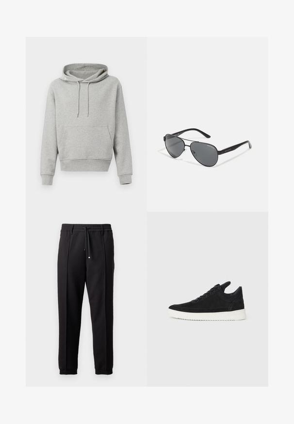 Grå bomullshettegensere med frontlomme, snor i hetta, ribbestrikkede mansjetter og nederkant. Glatt tekstur, uformelt design og en avslappet passform.; Sorte bukser med liv, snor og elastiske mansjetter. Har plisséer og et glatt, teksturert stoff.; Sorte semskede sneakers med hvit gummisåle, med tonale sømmer og snøring. Glatt tekstur med en moderne, strømlinjeformet form.; Svarte pilotbriller med mørke linser, tynn metallramme og slanke plastarmer med logo aksenter.