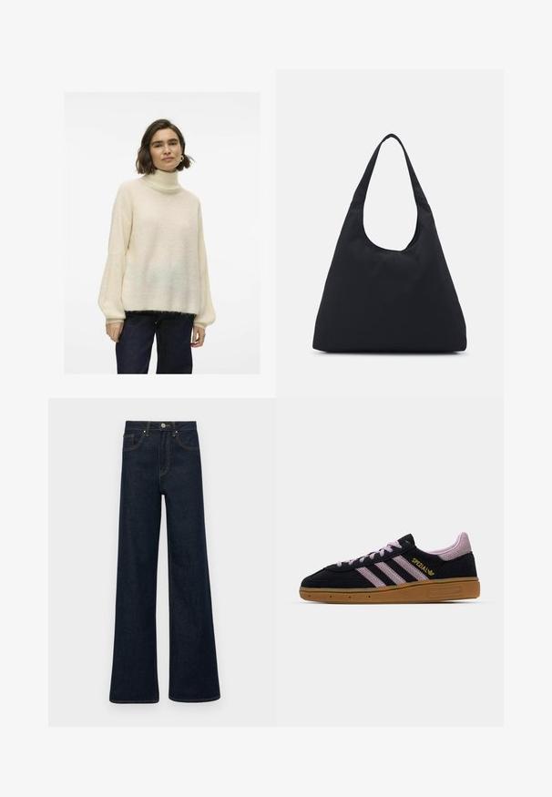 Cremfarbener Rollkragenpullover mit lockerer Passform, geripptem Muster und weiten Ärmeln, kombiniert mit dunklen Jeans. Weiches, kuscheliges Material.; Dunkelblaue weit geschnittene Jeans aus Denim mit Fronttaschen, Gürtelschlaufen und Knopfverschluss.; Schwarze und rosa Wildleder-Sneaker mit Gummisohle, drei rosa Streifen, goldenem "SPEZIAL"-Branding und strukturiertem Gummiuntergrund. Niedrigschnitt-Design.; Schwarze Stofftasche mit einem einzelnen, breiten Schulterriemen. Weiche, semi-strukturierte Form und glatte Textur; minimales Design, ohne sichtbare Beschläge.
