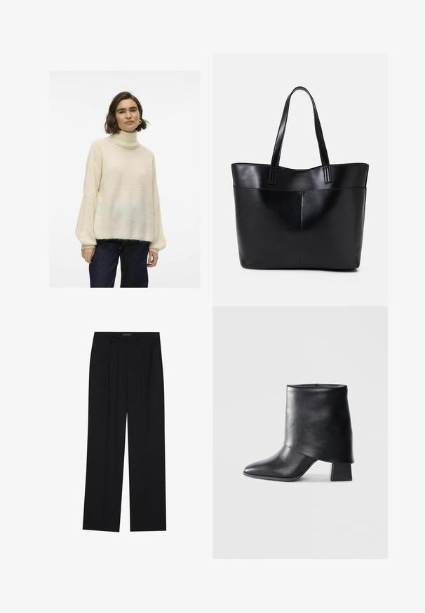 Crème coltrui met een losse pasvorm, geribbeld textuur en wijde mouwen, gecombineerd met donkere denim jeans. Zacht, comfortabel materiaal.; Zwarte broeken met een rechte pijpontwerp, voorzien van twee voorkanten zakken en een tailleband. Gemaakt van een gladde, lichte stof.; Zwarte leren enkellaars met een spitse neus, een zachte textuur en een gestructureerde blokhak. Kenmerkt zich door een hoge, gevouwen kraag.; Zwarte leren tote bag met twee lange handvatten, een zachte textuur en een gestructureerde vorm. Voorzien van een voorvak voor extra opslagruimte.