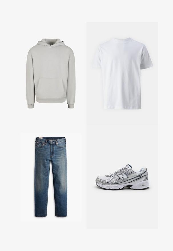 Lichtgrijze hoodie van zacht materiaal, met een voorzak, capuchon met trekkoord en ribbelboorden bij de mouwen en onderkant. Klassiek pullover ontwerp.; Witte korte mouwen t-shirt van katoen, met een ronde hals en een zachte textuur, met een rechte snit en zonder patronen.; Blauwe rechte denim jeans met een klassieke vijf-pocket design, knoopsluiting en subtiele vervaging op de dijen en knieën.; New Balance sportieve schoen met een bovenwerk van mesh, voornamelijk wit met grijze en marineblauwe accenten, voorzien van een gevoerde zool en textuurdetails.