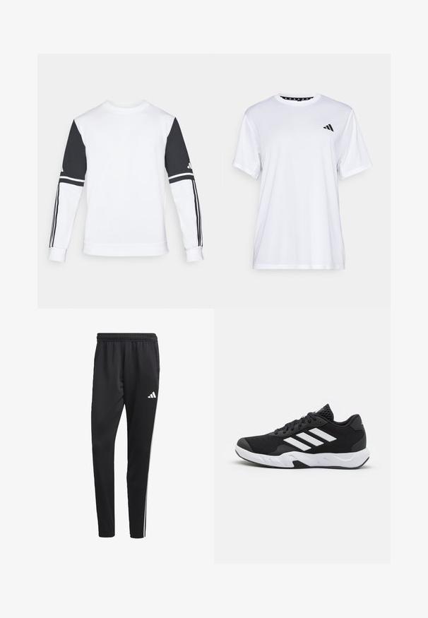 Bílá mikina s černými rukávy, na každém rukávu tři černé pruhy a kulatý výstřih. Vyrobena z měkké, texturované látky.; Bílý sportovní tričko s krátkými rukávy, vyrobené z materiálu odvádějícího vlhkost. Na levé straně hrudi se nachází černé logo a vnitřní límec je vzorovaný.; Černé sportovní kalhoty s elastickým pasem, bílými bočními pruhy a malým bílým logem na stehně. Vyrobené z hladkého, lehkého materiálu.; Černé sportovní boty s texturovaným síťovaným svrškem, bílými akcentními pruhy, polstrovanou podrážkou a vyztuženým patem pro podporu.
