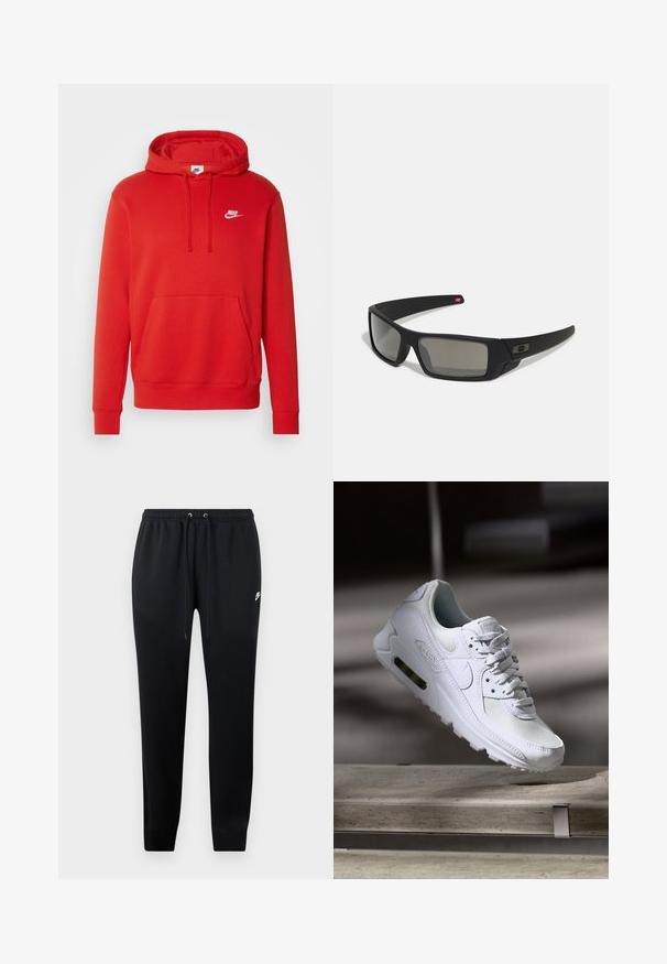 Sweatshirt vermelho com capuz ajustável, bolso canguru, punhos e bainha canelados. Apresenta um logo branco da Nike no peito. Tecido suave em mistura de algodão.; Calças de moletom pretas feitas de um tecido macio, com uma cintura elástica e cordões, punhos nas pernas e um pequeno detalhe do logo de lado.; Sapatilha Nike Air Max 90 branca com parte superior em malha e couro, caixa de dedos perfurada e uma unidade de ar visível no calcanhar.; Óculos de sol pretos com acabamento mate, lentes retangulares, leve curvatura nas hastes, detalhe sutil do logo e lentes de cor fumada.