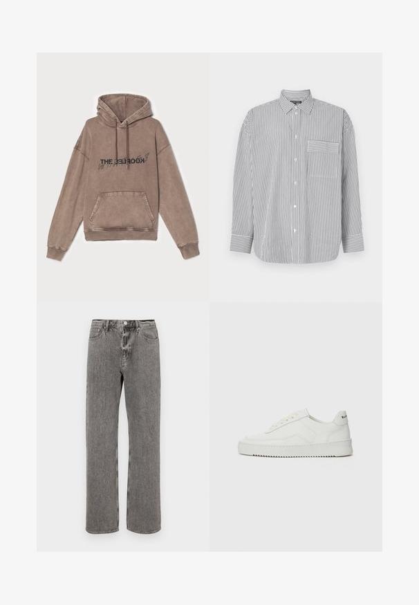 Pruun kapuutsiga dressipluus pehmest puuvillasegist, ees tasku ja graafilise tekstiga disain. Üksikasjalik sobivus, soonikkoes mansetid ja alla.; Röstripeeritud nööbiga särk mustvalgena, pikakäistega, klassikalise kraega ja rinnataskuga, millel on horisontaalsed triibud.; Hallhalli teksased, millel on sirge lõikega jalg, viie tasku disain ja nööbiga sulgemine vöökoht. Kerge pleekinud tekstuur üle kogu.; Valge nahast tennis, millel on sile põhi, ümar varvas, lamedad nöörid ja tekstuuriline tall. Sisaldab diskreetset logo kontsaribal.