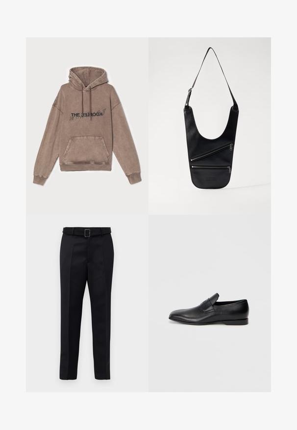 Brauner Kapuzenpullover aus weichem Baumwollmix, mit einer Fronttasche und grafischem Textdesign. Lockerer Schnitt mit gerippten Bündchen und Saum.; Schwarze maßgeschneiderte Hosen aus glattem Stoff, mit geradem Schnitt und einem Bund mit rechteckiger Schnalle. Auffällige Frontfalten betonen das Design.; Schwarzer Leder-Slipper mit spitzer Zehe, glatter Textur und dezentem Branding an der Seite. Niedriger Absatz mit einem klaren, minimalistischen Design.; Schwarze Leder-Slingtasche mit einer geschwungenen Form, ausgestattet mit zwei diagonalen Reißverschlüssen und geprägten Details am Boden. Verstellbarer Riemen enthalten.