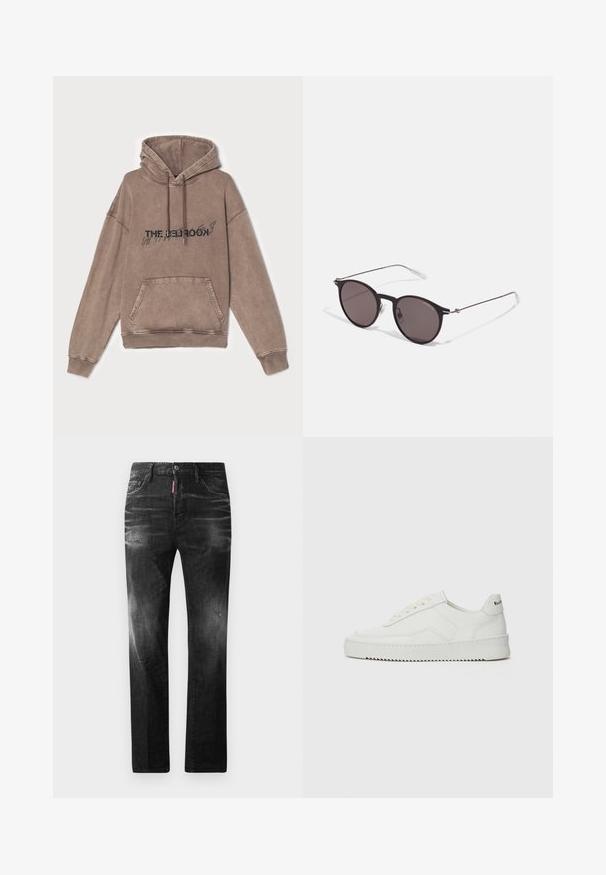 Sweat-shirt à capuche marron en mélange de coton doux, featuring une poche avant et un design de texte graphique. Coupe décontractée avec des poignets et un ourlet côtelés.; Jean en denim noir avec une coupe droite. Présente des zones décolorées, un léger effet usé, un design classique à cinq poches et une fermeture à bouton.; Baskets en cuir blanc avec une finition lisse, bout arrondi, lacets plats et semelle texturée. Présente un logo discret sur le talon.; Lunettes de soleil noires rondes avec verres sombres et branches en métal fines. Comprend des embouts transparents et des accents argentés au niveau de la charnière. Design minimaliste.