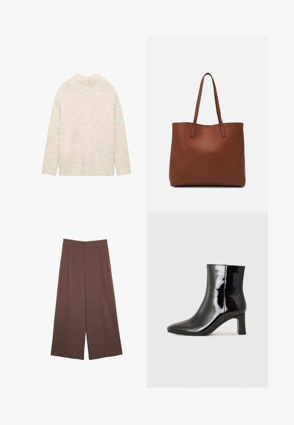 Maglione a maglia crema con un motivo geometrico testurizzato, polsini e orlo a coste, caratterizzato da un collo alto e una vestibilità rilassata.; Pantaloni ampi marroni con una texture liscia, caratterizzati da una vita alta e pieghe frontali. Il tessuto è leggero e scorre liberamente.; Stivaletto in pelle verniciata nera con punta a punta e tacco a blocco di altezza media. Texture liscia e design minimalista.; Borsa tote in pelle marrone con texture liscia, design con apertura superiore e due spallacci. Presenta cuciture minime e nessun hardware visibile.