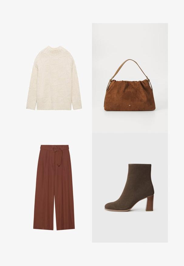 Maglione a maglia crema con un motivo geometrico testurizzato, polsini e orlo a coste, caratterizzato da un collo alto e una vestibilità rilassata.; Pantaloni a gamba larga in tessuto marrone, con cintura a fibbia quadrata, design plissettato e texture liscia.; Stivale alla caviglia in suede marrone con punta rotonda e tacco impilato e testurizzato. Esterno liscio senza chiusure visibili o decorazioni.; Borsa in suede marrone con un design arricciato, dotata di una singola tracolla in pelle beige e di un sottile logo dorato dettagliato sulla parte anteriore.