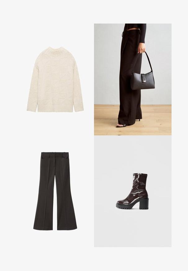 Krémový pletený sveter s textúrovaným geometrickým vzorom, s rebrovanými manžetami a spodným okrajom, s vysokým výstrihom a voľným strihom.; Čierne rozšírené nohavice s vysokým pásom; majú dve bočné vrecká a hladkú textúru látky. Vhodné na rôzne príležitosti.; Lesklé burgundské kotníkové boty s robustním černým podpatkem, s hladkou strukturou a jednoduchým designem. Bez viditelných zapínání nebo vzorů.; Čierna kabelka so štruktúrovaným tvarom, hladkou textúrou a kovovou sponou. V kombinácii so širokými čiernymi nohavicami a sandálmi s otvorenou špičkou na drevenej podlahe.