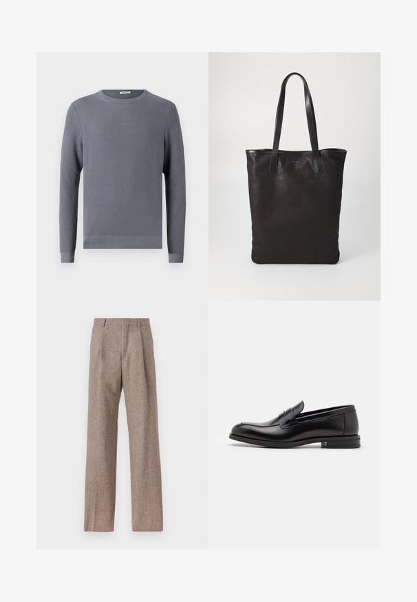 Szary sweter z długim rękawem o strukturalnym prążkowanym wzorze, okrągłym dekolcie oraz dopasowanych mankietach i dole. Wykonany z miękkiego, oddychającego materiału.; Brązowe, wysokiej talii spodnie wykonane z teksturowanej tkaniny. Posiadają szerokie nogawki i dwa przednie zakładki dla lepszej struktury. Starannie wykończone, bez widocznych elementów metalowych.; Czarne skórzane mokasyny o gładkiej fakturze, zaokrąglonym nosku i dekoracyjnym pasku na przodzie. Niski, warstwowy obcas, minimalistyczny design.; Czarna torba na ramię z czarnymi skórzanymi uchwytami. Prosty design, pojemne wnętrze i gładka faktura. Bez widocznych logo ani wzorów.