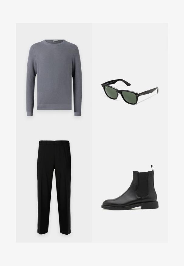 Grauer Langarmpullover mit strukturiertem Rippmuster, rundem Halsausschnitt und eng anliegenden Bündchen und Saum. Hergestellt aus einem weichen, atmungsaktiven Stoff.; Schwarze Hosen aus glattem Stoff, mit geradem Schnitt, zwei vorderen Taschen und einem Reißverschluss mit Knopfverschluss.; Schwarze Leder-Ankle-Boots mit glatter Textur, elastischen Seitenpaneelen und einer Zuglasche. Runde Zehenpartie und flache Gummisohle mit minimalem Profil.; Schwarze Plastiksonnenbrille mit grünen Gläsern, quadratischen Rahmen, silbernem Akzent auf der Augenbraue und strukturierten Bügeln. Angegebene Marke auf dem inneren Bügel.