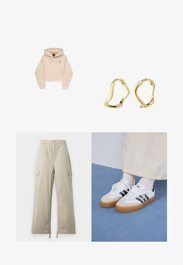 Skraťená béžová mikina s kapucňou vyrobená z mäkkého materiálu, s predným vreckom, kapucňou a malým logom na hrudi. Hladká textúra a voľný strih.; Svetlo béžové cargo nohavice s voľným strihom, vybavené gombíkovým zapínaním, bočnými vreckami a nastaviteľným lemom so šnúrkami. Hladká textúra látky.; Biele tenisky s čiernymi pruhmi a béžovými semišovými detailmi. Majú textúrovanú gumovú podrážku a ploché biele šnúrky, kombinované s svetlými ponožkami.; Zlaté kruhové náušnice s plynulým, vlnitým dizajnom. Hladký povrch, otvorený tvar a žiadne viditeľné uzávery. Minimalistický a moderný vzhľad.