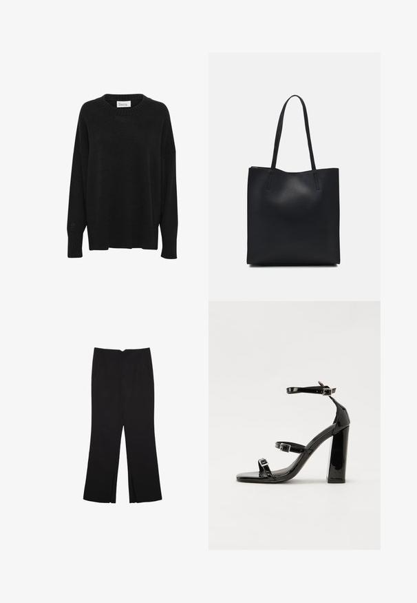 Schwarzer gestrickter Pullover mit rundem Ausschnitt, fallenden Schultern und gerippten Bündchen und Saum. Verfügt über ein dezentes Logodetail am Bündchen.; Schwarze Hose mit geradem Schnitt, ausgestattet mit Fronttaschen und Seitenschlitzen am Saum. Hergestellt aus weichem, glattem Stoff. Geeignet für verschiedene Anlässe.; Schwarze patentierte Sandalen mit Absatz, quadratischer Spitze, Knöchelriemen und silbernen Schnallen. Mit einem stabilen Blockabsatz für mehr Stabilität.; Schwarze Laptoptasche aus Leder mit glatter Textur, rechteckiger Form und zwei langen Griffen. Keine sichtbaren Beschläge oder Verzierungen.