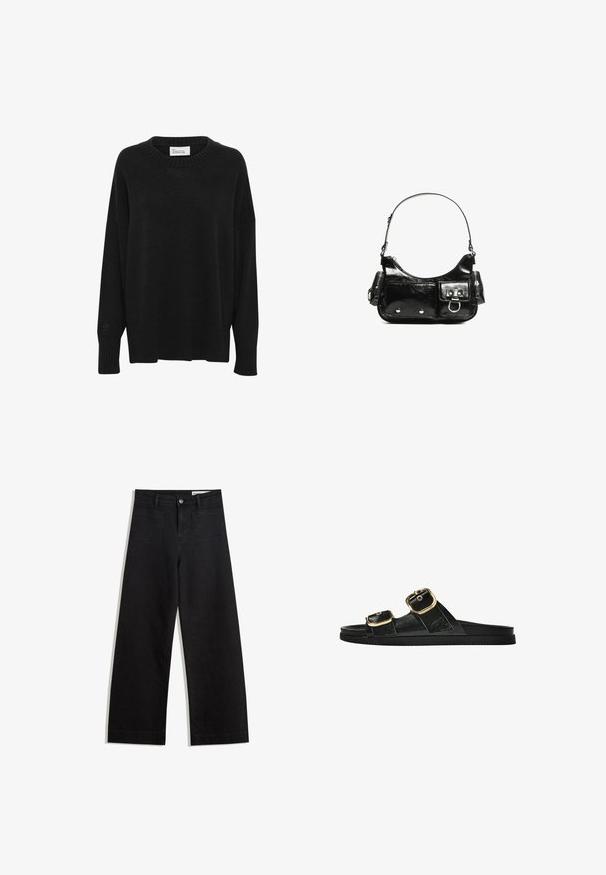 Schwarzer gestrickter Pullover mit rundem Ausschnitt, fallenden Schultern und gerippten Bündchen und Saum. Verfügt über ein dezentes Logodetail am Bündchen.; Schwarze weit geschnittene Jeans mit hoher Taille, ausgestattet mit Vorder- und Hintertaschen, gesteppten Nähten und einem Knopfverschluss. Glatte Textur.; Schwarze Riemensandale mit zwei goldenen Schnallendetails, glattem Material, flachem Sohlen und minimalistischer Gestaltung.; Schwarze Lackleder-Handtasche mit geschwungenem Design, einem Schulterriemen, Vordertaschen und silberfarbenen Hardware-Akzenten.