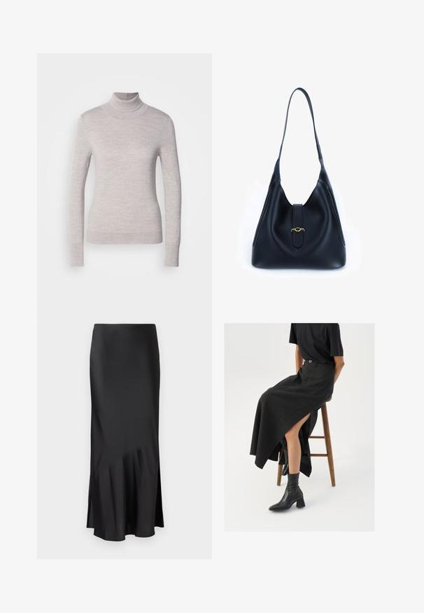 Pulover turtleneck gri deschis realizat dintr-un material tricotat moale, având mâneci lungi și o siluetă ajustată cu manșete și tiv din tricot cu model în relief.; Fustă midi din satin negru, cu un design elegant, având o ușoară evazare la tiv și o fante laterală pentru un plus de libertate de mișcare. Textură netedă.; Fustă maxi din in negru cu o fanta înaltă, purtată cu un tricou negru și cizmulițe negre până la gleznă. Design minimalistic cu o croială lejeră.; Geantă din piele neagră cu un design moale și lejer. Dispune de o curea plată și de un închizător central decorat cu un accent auriu.