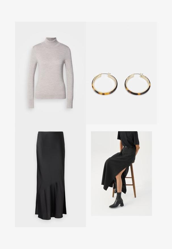 Suéter de punto suave en color gris claro, con un diseño de cuello alto, mangas largas y una silueta ajustada, con puños y dobladillo acanalados.; Falda midi de satén negro con un diseño elegante, que presenta un ligero vuelo en el dobladillo y una abertura lateral para facilitar el movimiento. Textura suave.; Falda maxi de lino negra con una abertura alta, combinada con una camiseta negra y botines negros. Diseño minimalista con un ajuste relajado.; Pendientes de aro en tono dorado con un borde exterior de resina de patrón carey, que cuentan con un acabado suave y una forma circular elegante.