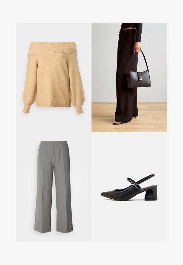 ONLY Tall ONLJEANETT LIFE OFF SHOULDER - Džemperis - humus; Pelēki piegriezti platajiem biksēm ar gludu tekstūru, ar plakanu priekšpusi un asām krokām katrā kājā.; Melns patentēts ādas sandales ar norādīta pirksta formu, noapaļotu izgriezuma dizainu un bloķētu papēdi. Iezīmēta ar zelta toņa sprādzi.; Melnā somiņa ar strukturētu formu, gludu tekstūru un metālu sprādzi. Saskaņota ar platām melnām biksēm un sandālēm ar atvērtu purngalu uz koka grīdas.