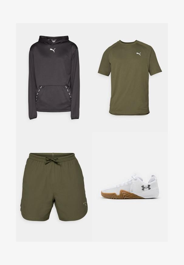 Czarny sportowy hoodie z kieszenią kangurką, z białym logo Pumy na klatce piersiowej oraz brandingiem na krawędziach kieszeni. Gładka tekstura.; Oliwkowa koszulka z krótkim rękawem, uszyta z gładkiego materiału, z okrągłym dekoltem i białym logo po lewej stronie klatki piersiowej.; Oliwkowe szorty sportowe wykonane z lekkiego materiału, z elastycznym pasem i sznurkiem oraz małym detalem logo z boku.; Białe buty sportowe z siateczkową cholewką, gumową podeszwą w kolorze gumy, teksturowanymi akcentami oraz czarnym logo z boku.