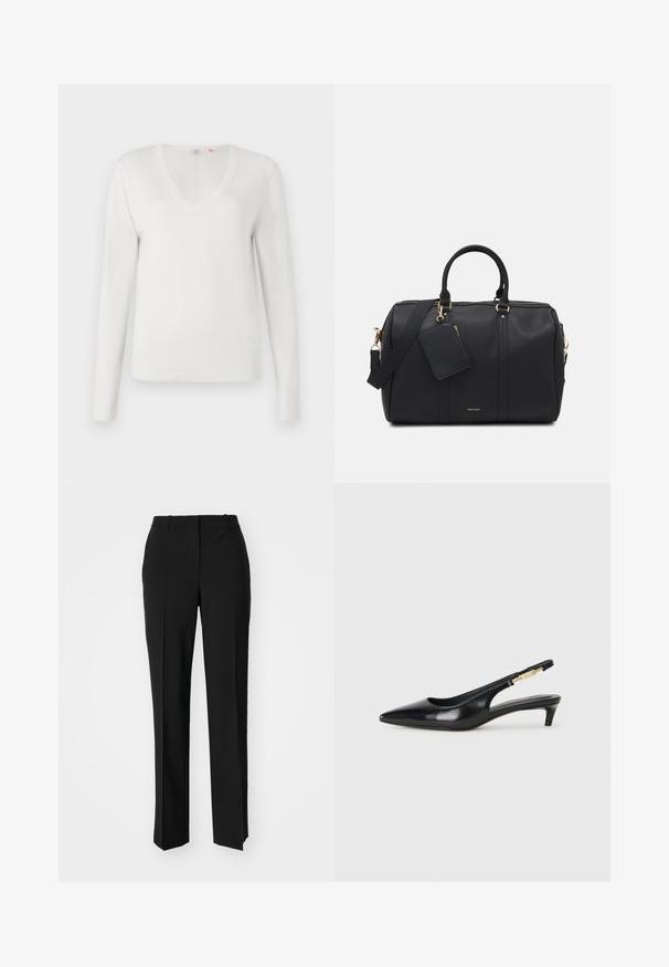 White V-neck sweater made of soft fabric, featuring long sleeves and ribbed hem and cuffs; smooth texture, minimalist design.; Black tailored trousers with a straight-leg design, featuring a smooth texture and crisp creases along the front. No visible hardware.; Black leather slingback heels with a pointed toe, featuring a slim heel and a gold-tone accent on the adjustable strap. Smooth texture.; Black faux leather duffel bag with gold hardware, dual top handles, adjustable shoulder strap, and a removable tag pocket.