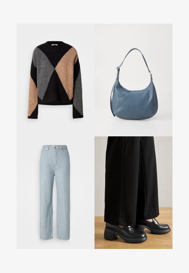 Gyapjú pulóver, gyémántmintával fekete, szürke és bézs színekben, kereknyakú és eső vállú kivitelben. Puha, textúrált felület.; Világoskék egyenes szárú farmernadrág. Öt zsebbel, fém gombos záródással és finom kopási hatással a textúra érdekében rendelkezik.; Fekete platform cipők fényes felülettel és kerek orral; vastag, göndör fekete sarok, amelynek enyhe íve van; laza fekete nadrággal viselve.; Kerekded formájú, kék bőr kézitáska, egyetlen vállpánttal, cipzárral záródik, az elülső részen domborított márkanevével. Simák a textúrája.