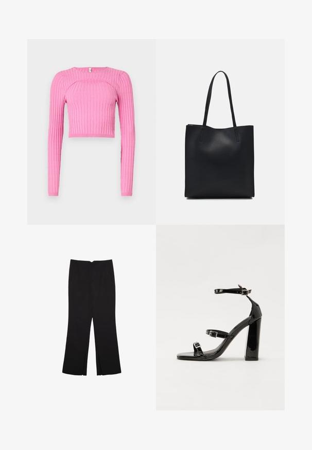 Vaaleanpunainen ribattu pitkähihainen crop-top, jossa on pyöreä kaula-aukko ja teksturoitu kuvio. Kangas näyttää olevan neulottu ja siinä on joustavat hihansuut.; Mustat housut suoralinjaisella leikkauksella, joissa on etutaskut ja sivurei'ät helman alla. Valmistettu pehmeästä ja sileästä kankaasta. Sopii eri tilaisuuksiin.; Musta kiiltävä korkokenkä sandaalit neliönmuotoisella varpaalla, nilkkaremmillä ja hopeisilla soljilla. Varustettu tukevalla lohkokorkealla vakauden takaamiseksi.; Mustapahkainen kangaskassi, jossa on sileä pinta, suorakaiteen muotoinen ja kaksi pitkää kahvaa. Ei näkyvää metalliosaa tai koristeita.