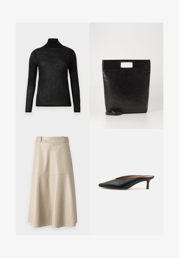 Schwarzes Langarm-T-Shirt mit semi-transparentem Stehkragen, schmal geschnitten und schlicht gestaltet auf weißem Hintergrund.; Beige Leder-Midi-Rock mit glatter Textur, weitem Bund und ausgestellt geschnittenem Saum; mit gesteppten Nähten für zusätzlichen Detailreichtum.; Schwarze Leder-Mules mit spitzem Zehenbereich und niedrigem Blockabsatz. Glatte Textur mit elegantem Design. Offene Rückseite mit minimaler Gestaltung.; Schwarze Leder-Tote-Tasche mit einem quadratischen Griff, ausgestattet mit einer strukturierten Oberfläche und geprägtem Logo. Inklusive abnehmbarem Tragegurt.
