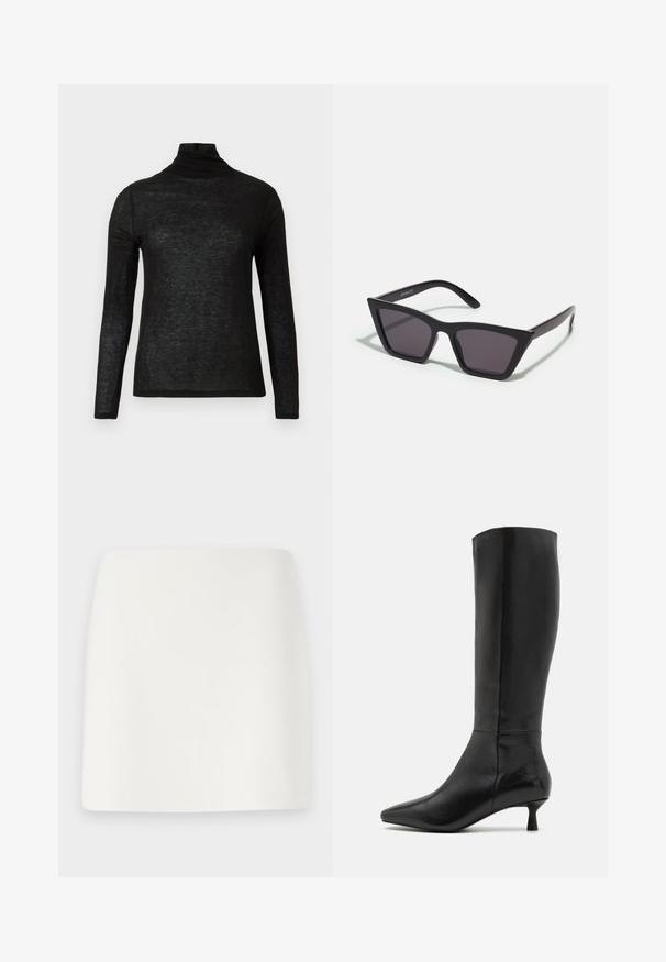 Maglietta nera a maniche lunghe in pizzo semitrasparente con una vestibilità slim e design semplice su uno sfondo bianco.; Mini gonna bianca, aderente, con una texture liscia e linee pulite. Nessun motivo visibile o accessori. Orlo dritto sul fondo.; Zign Stivali alti - black; Occhiali da sole neri e angolari con lenti grigie; realizzati in plastica, con aste spesse dalla superficie liscia e senza hardware visibile.; Borsa a pochette nera in suede con chiusura a zip e tracolla rimovibile. Presenta hardware in tonalità oro e una texture liscia e opaca.