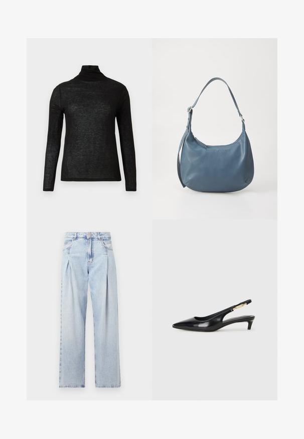 Haut col roulé noir à manches longues semi-transparent avec une coupe slim et un design uni sur un fond blanc.; Jeans en denim bleu clair avec taille haute, coupe large, deux poches latérales et design plissé. Texture douce avec une finition décolorée.; Talons hauts en cuir noir avec un bout pointu, dotés d'un talon fin et d'un accent en ton or sur la lanière réglable. Texture lisse.; Sac à main en cuir bleu avec une forme arrondie, une seule bandoulière, fermeture zippée et nom de la marque en relief sur le devant. Texture lisse.