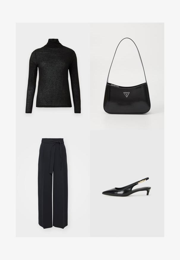 Svart langermet semi-gjennomsiktig polo topp med slim passform og enkel design på hvit bakgrunn.; Bredde ben sorte bukser laget av myk stoff. Har belted liv og frontfolder. Jevn tekstur med et rent, moderne design.; Sorte lærreim hæler med spiss tå, som har en slank hæl og en gullfarget detalj på den justerbare stroppen. Glatt tekstur.; Svart patentlærveske med en buet form, med et sølvfarget triangel-logo og glidelås. Glatt tekstur og slank stropp.