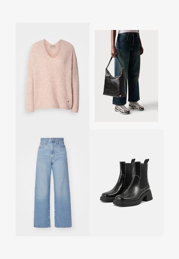 Rózsaszín kötött pulóver V-nyakkal, hosszú ujjakkal és laza szabással. Finom textúrával és egy kis logóval a szegély közelében.; Világoskék, magas derekú, bő szárú farmernadrág, elülső gombbal és cipzárral, elülső és hátsó zsebekkel, fehér háttérrel.; Fekete bőr Chelsea csizmák masszív sarkakkal, rugalmas oldalsó panelekkel és kontrasztos fehér varrással. Texturált felület.; Fekete bőr válltáska sima textúrával és állítható pánttal, melyet elnyűtt, bő szárú farmernadrággal és sportcipőkkel párosítottak.