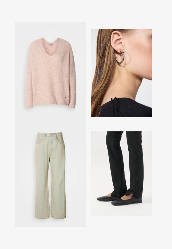 Roza pletena svijetra s V-izrezom, dugim rukavima i opuštenim krojem. Ima suptilnu teksturu i malu logotipsku oznaku blizu rubnog dijela.; Svjetloplave široke traperice od denima, visokog struka, s pet džepova i suptilnim izblijedjenjem te kontrastnim šavovima.; Crne kožne balerinke s uskim vrhom, trakica sa srebrnom kopčom, u kombinaciji s crnim krojenim hlačama s otvorenim rubom.; Srebrna kružna naušnica s poliranim završetkom, koja ima male zlatne detalje i okrugli oblik, nošena na uhu.