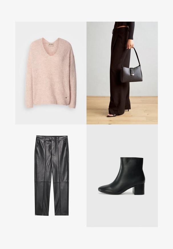Pulover roz tricotat cu guler în V, mâneci lungi și o croială relaxată. Prezintă o textură subtilă și un mic logo accentuat aproape de tiv.; Pantaloni din piele neagră cu o textură netedă, având o croială dreaptă, două buzunare frontale și detalii vizibile ale cusăturilor.; Cizme negre din piele până la gleznă, cu vârf ascuțit și toc robust. Textură netedă, cu accente minime și un design elegant, ajustat.; Genți negre cu o formă structurată, textură netedă și un închizător metalic. Asortată cu pantaloni negri largi și sandale cu vârf deschis pe un podea din lemn.