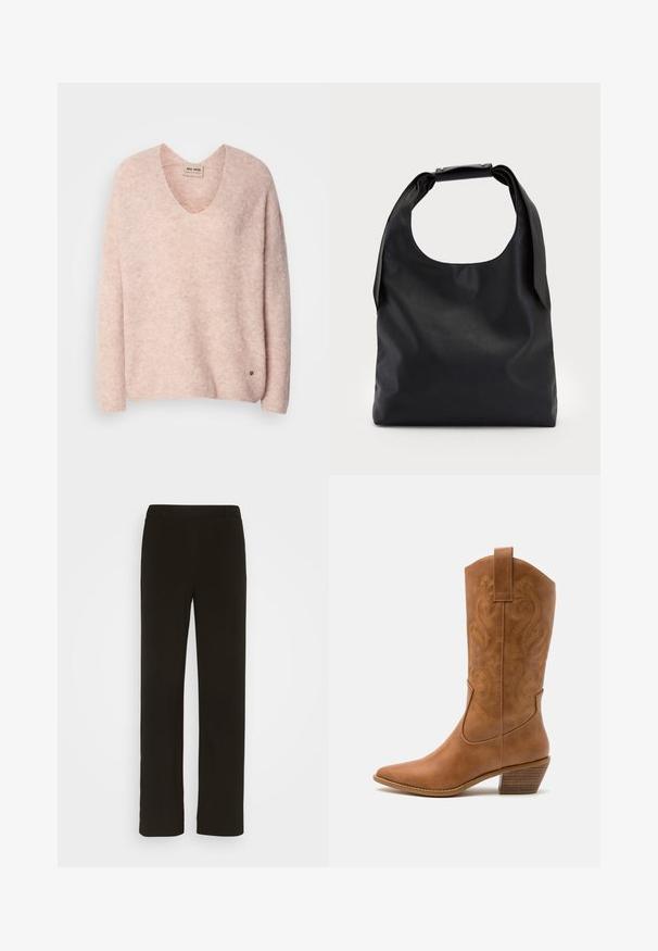 Rozā adīta džemperis ar V-veida kaklu, garām piedurknēm un brīvu piegriezumu. Tam ir smalka tekstūra un neliels logotipa akcenti netālu no apakšmala.; Melni taisni bikses, izgatavotas no austas auduma, ar gludu priekšpusi, divām sānu kabatām un gludu tekstūru. Nav redzamu rakstu vai akcentu.; Brūni ādas kovboju zābaks ar norādītu purngalu, izšūtām viļņveida apakšējo detaļu un sakrautajiem blokiem. Iezīmēts ar velkšanas cilpu ērtai uzvilkšanai.; Melna ādas hobo soma ar vienu mīkstu, noapaļotu rokturi; tai ir gluda virsma un minimālistisks dizains. Nav redzamu metāla detaļu vai akcentu.; Zelta riņķveida auskari ar tekstūru un neregulāru formu. Iekļauj bezšuvju aizdari un pulētu virsmas apdari, uzsverot mūsdienīgu dizainu.